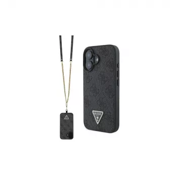 Guess GUHCP16SP4TDSCPK iPhone 16 kietas dėklas iš odos su metaliniu logotipu, strass ir crossbody juosta, juodas