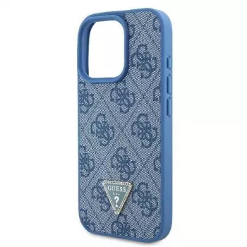 Guess GUHCP16LP4TDSCPB iPhone 16 Pro 6,3 inch mėlynas odinis kietas dėklas su metaliniu logotipu, cirkoniais ir kryžminiu dirželiu