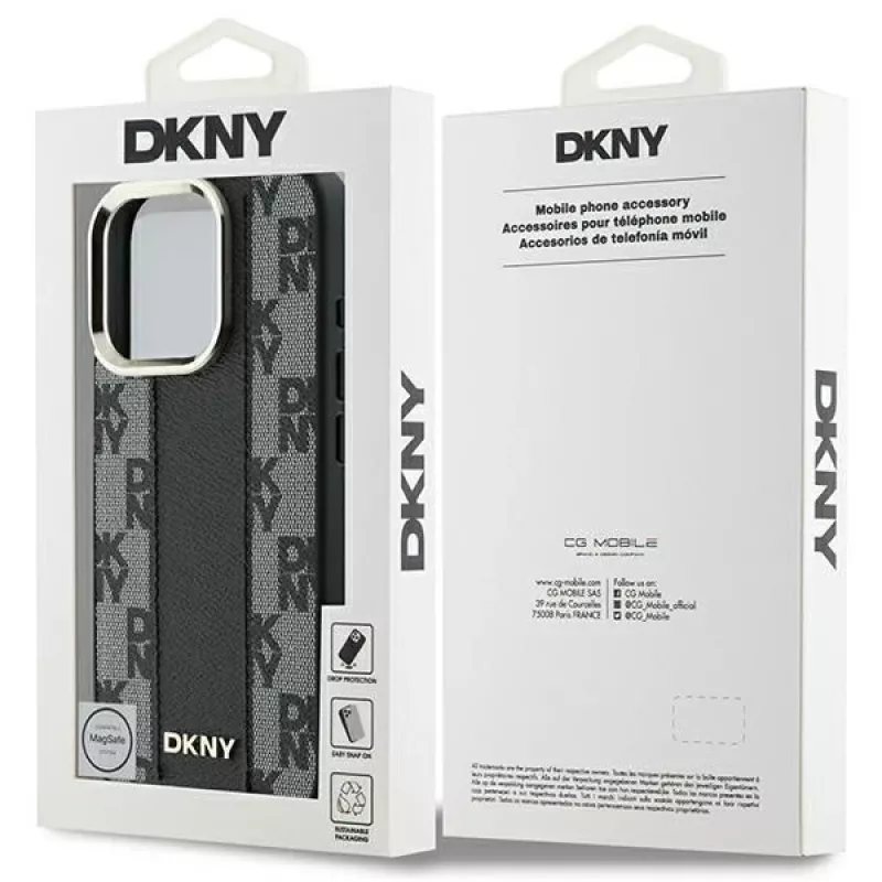 DKNY DKHMP16XPCPVSLK Kietas dėklas su languotu raštu MagSafe, skirtas iPhone 16 Pro Max 6.9, juodas