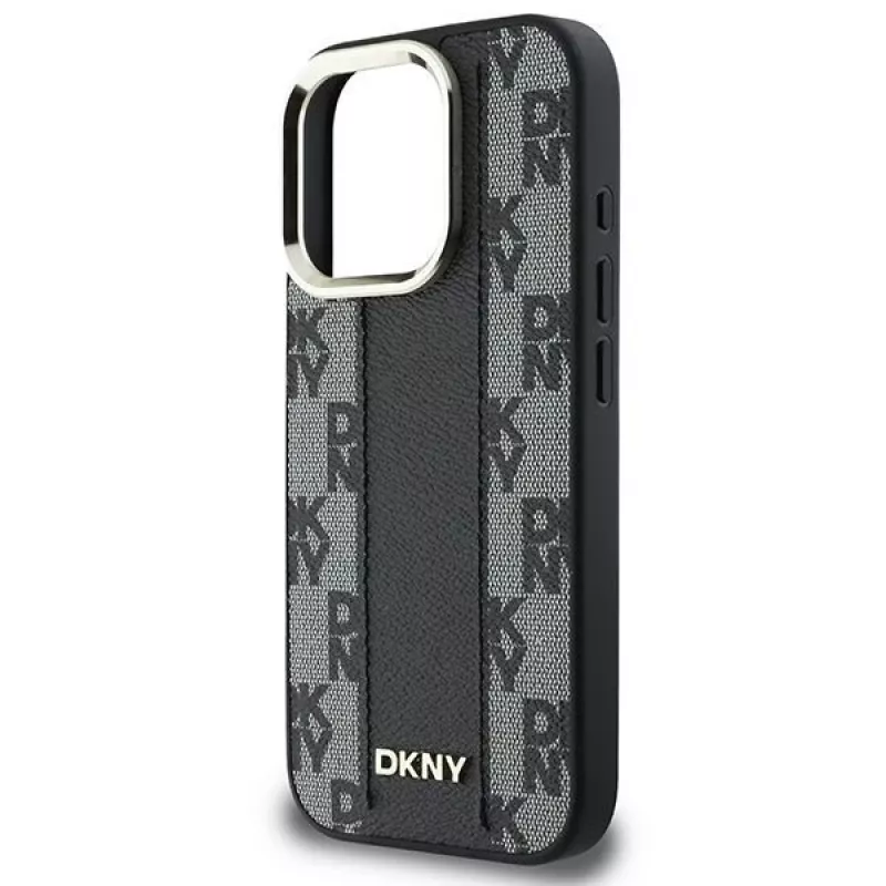 DKNY DKHMP16XPCPVSLK Kietas dėklas su languotu raštu MagSafe, skirtas iPhone 16 Pro Max 6.9, juodas