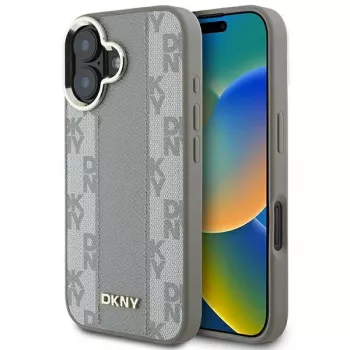 DKNY DKHMP16SPCPVSLE Kietas dėklas, skirtas Apple iPhone 16, smėlio spalvos languotu raštu su MagSafe