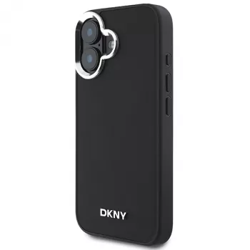 DKNY DKHMP16SPSCMCLK Kietas dėklas, skirtas Apple iPhone 16 6,1 colio, juodas, vienspalvis, sidabrinis logotipas, MagSafe
