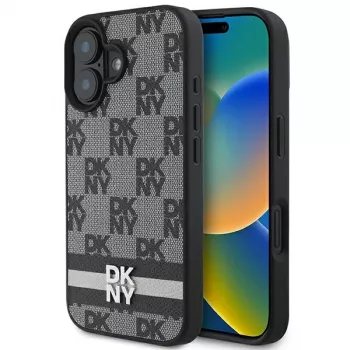 DKNY DKHCP16SPCPTSSK Kietas dėklas, skirtas Apple iPhone 16 6,1 colio, languotas raštas ir spausdintos juostelės, juoda