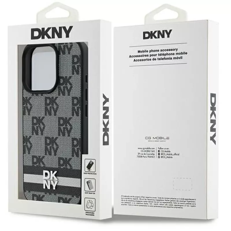 DKNY DKHCP16LPCPTSSK Kietas dėklas, skirtas Apple iPhone 16 Pro 6,3 colio, juodas, languotas raštas ir spausdintos juostelės
