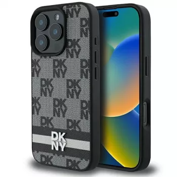 DKNY DKHCP16XPCPTSSK Kietas dėklas, skirtas iPhone 16 Pro Max 6,9 colio, juodas, languotas raštas ir spausdintos juostelės