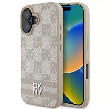 DKNY DKHCP16SPCPTSSP Kietas dėklas, skirtas Apple iPhone 16 6,1 colio, rožinis languotas raštas ir spausdintos juostelės
