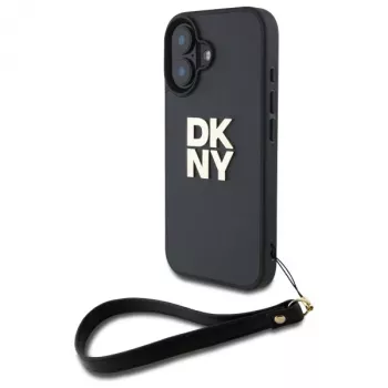 DKNY DKHCP16SPBSWSK Kietas dėklas, skirtas Apple iPhone 16 6,1 colio, juodas su riešo dirželiu