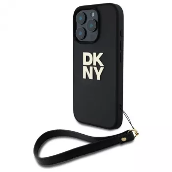 DKNY DKHCP16LPBSWSK iPhone 16 Pro 6,3 colio juodas kietas dėklas su riešo dirželiu ir logotipu