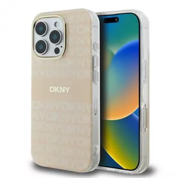DKNY DKHMP16XHRHSEP Kietas dėklas, skirtas Apple iPhone 16 Pro Max 6,9 colio, rožinis, pasikartojančios tekstūros raštas su juostele, MagSafe