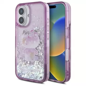 Hello Kitty HKHCP16SL50PPU iPhone 16 6,1 colio violetinis kietas dėklas su skystu blizgučiu 50-mečio vakarėliui