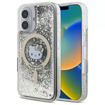 Hello Kitty HKHMP16SLGDIK Liquid Glitter Fever MagSafe kietasis dėklas, skirtas iPhone 16 6,1 colio – juodas su auksu