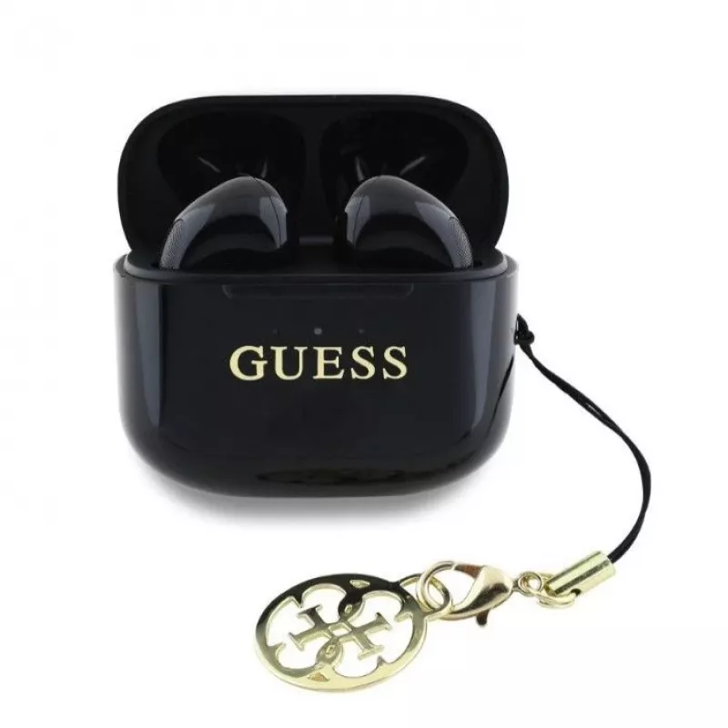 Guess Glossy Effect Printed Classic Logo & Charm TWS Bluetooth Earbuds su įkrovimo dėklu (Juoda)