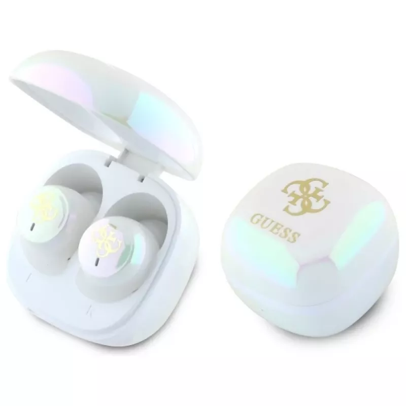 “Guess 4G Printed Logo” True Wireless Stereo Bluetooth ausinės su įkrovimo dėklu (balta)