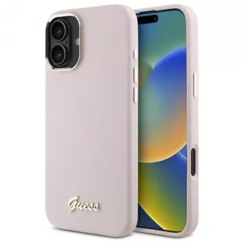 Guess GUHCP16SSMBSLP iPhone 16 6,1 colių rožinis silikoninis kietas dėklas su Script metaliniu logotipu ir rėmeliu