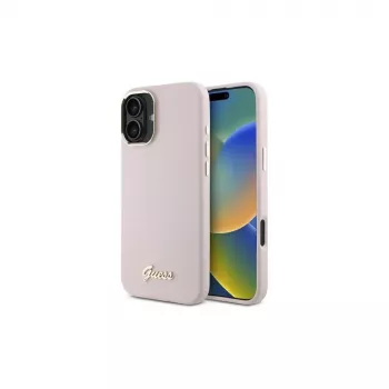 Guess GUHCP16MSMBSLP iPhone 16 Plus 6,7 colio rožinis silikoninis kietas dėklas su Script metaliniu logotipu ir rėmeliu