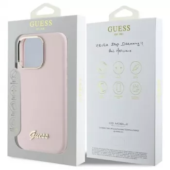Guess GUHCP16LSMBSLP iPhone 16 Pro 6.3 colio rožinis silikoninis kietas dėklas su Script Metal logotipu ir rėmeliu