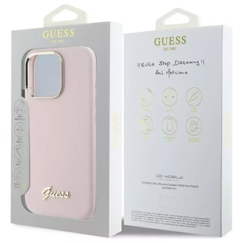 Guess GUHCP16LSMBSLP iPhone 16 Pro 6.3 colio rožinis silikoninis kietas dėklas su Script Metal logotipu ir rėmeliu