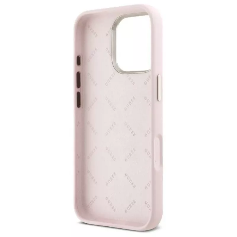 Guess GUHCP16LSMBSLP iPhone 16 Pro 6.3 colio rožinis silikoninis kietas dėklas su Script Metal logotipu ir rėmeliu