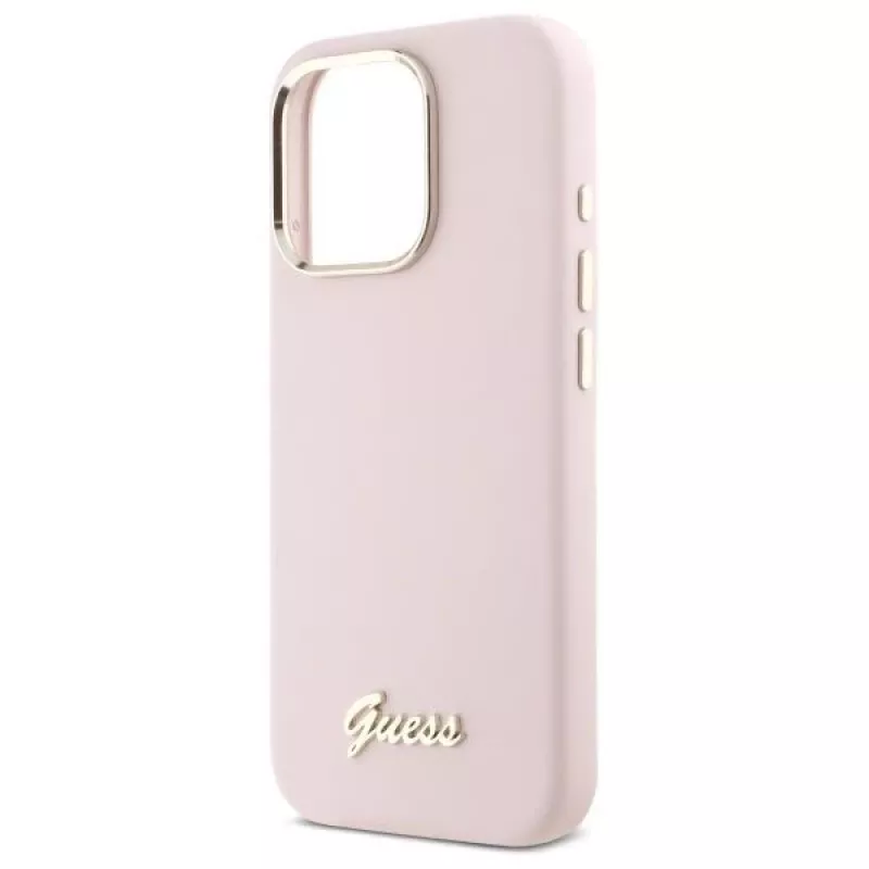 Guess GUHCP16LSMBSLP iPhone 16 Pro 6.3 colio rožinis silikoninis kietas dėklas su Script Metal logotipu ir rėmeliu