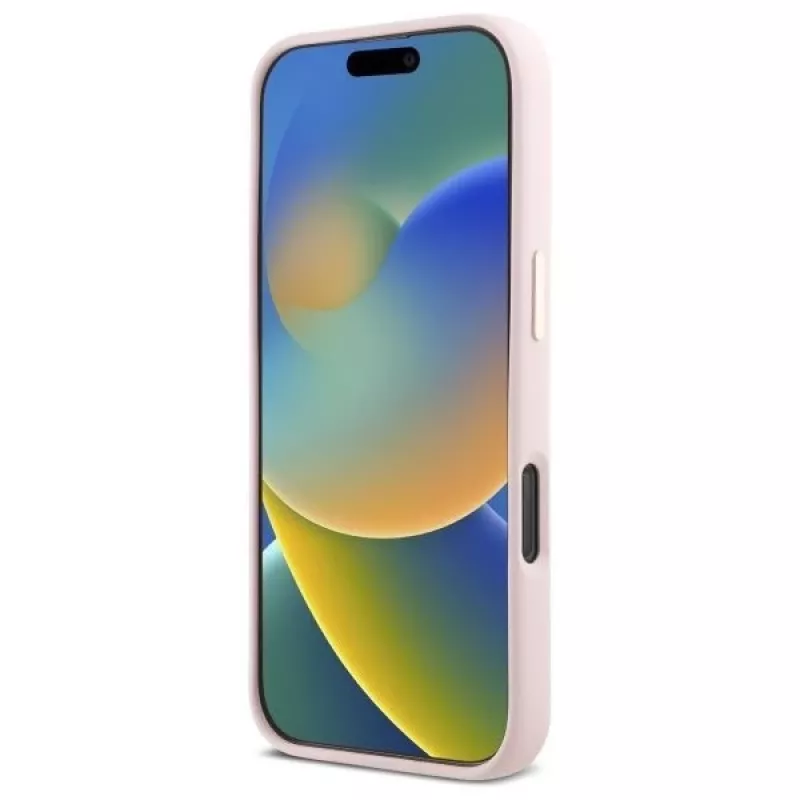 Guess GUHCP16LSMBSLP iPhone 16 Pro 6.3 colio rožinis silikoninis kietas dėklas su Script Metal logotipu ir rėmeliu