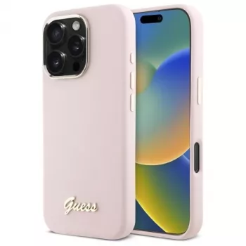 Guess GUHCP16LSMBSLP iPhone 16 Pro 6.3 colio rožinis silikoninis kietas dėklas su Script Metal logotipu ir rėmeliu