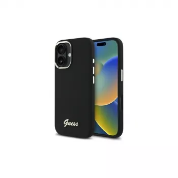 Guess GUHCP16MSMBSLK Silicone Script Metal Logo & Frame Hard Case, skirtas Apple iPhone 16 Plus 6,7 colio - juoda