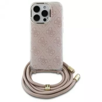 Guess GUHCP16SHC4SEP iPhone 16 6,1 colio rožinis kietas dėklas su diržu per petį 4G raštas
