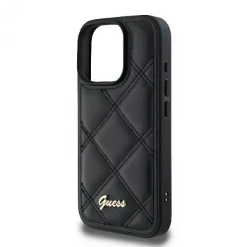 Guess GUHCP16LPSQSQSK Kietas dėklas, skirtas Apple iPhone 16 Pro 6,3 colio, juodas, dygsniuotas su metaliniu logotipu