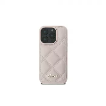 Guess GUHCP16SPSQSQSP iPhone 16 6,1 colio rožinis kietas dėklas su dygsniuotu raštu ir metaliniu logotipu