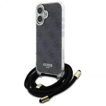 Guess GUHCP16SHC4SEK iPhone 16 6,1 colio juodas kietas dėklas su kryžminiu dirželiu 4G raštas