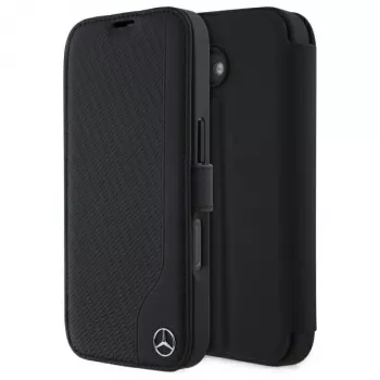 Mercedes-Benz MEBKP16S23RBGVK Knyginis dėklas, skirtas iPhone 16 6,1, juodas, dirbtinė oda ir medžio imitacija