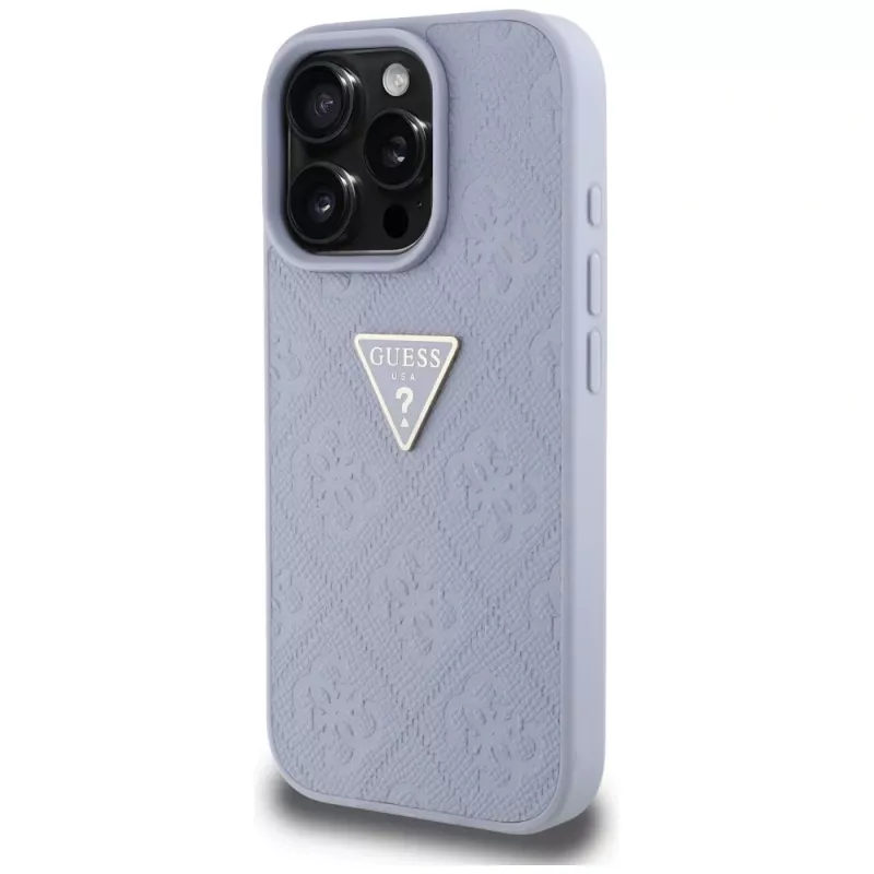 Guess Hot Stamp 4G Pattern Triangle Metal Logo Case, skirtas iPhone 16 Pro Max (violetinė)