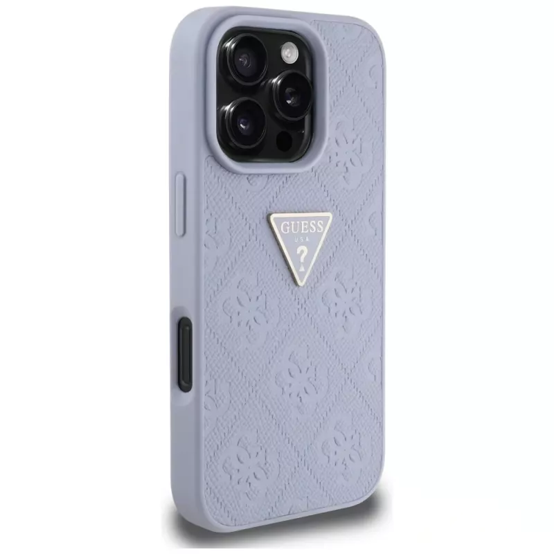 Guess Hot Stamp 4G Pattern Triangle Metal Logo Case, skirtas iPhone 16 Pro Max (violetinė)