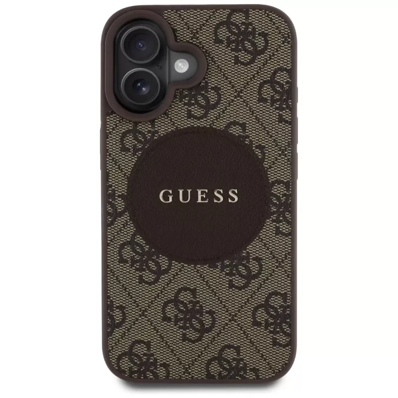 Guess 4G Circle Classic Logo MagSafe dėklas, skirtas iPhone 16, rudas