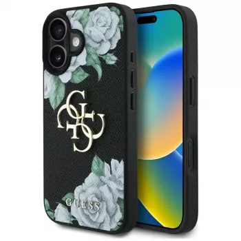 Guess Grained Roses Big 4G Logo dėklas, skirtas Apple iPhone 16, juodas