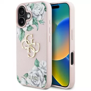 Guess Grained Roses Big 4G Logo Case, skirta Apple iPhone 16 - rožinė