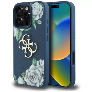 Guess Grained Roses Big 4G Logo telefono dėklas, skirtas iPhone 16 Pro Max, mėlynas