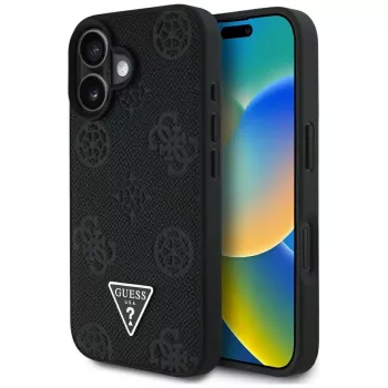 Guess Grained Hot Stamp Peony Triangle Logo MagSafe Case, skirtas iPhone 16 (juoda)
