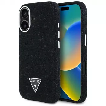 Guess Denim Triangle Logo MagSafe dėklas, skirtas iPhone 16, juodas