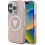 Guess IML Metal Glitter 4G Circle Triangle MagSafe dėklas, skirtas Apple iPhone 16 Pro Max (rožinis)