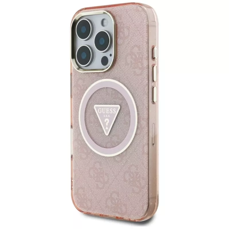 Guess IML Metal Glitter 4G Circle Triangle MagSafe dėklas, skirtas Apple iPhone 16 Pro Max (rožinis)