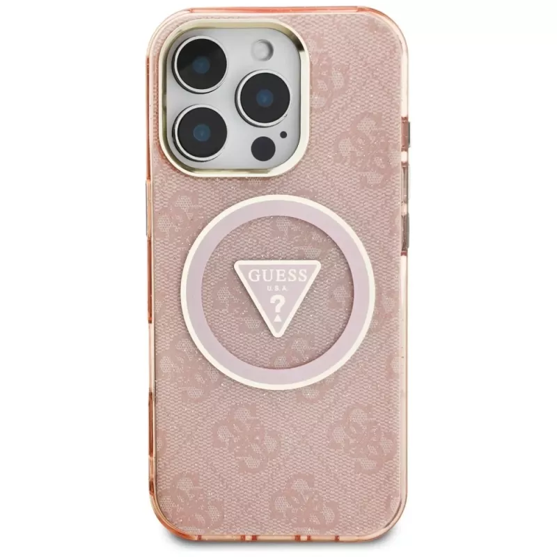 Guess IML Metal Glitter 4G Circle Triangle MagSafe dėklas, skirtas Apple iPhone 16 Pro Max (rožinis)