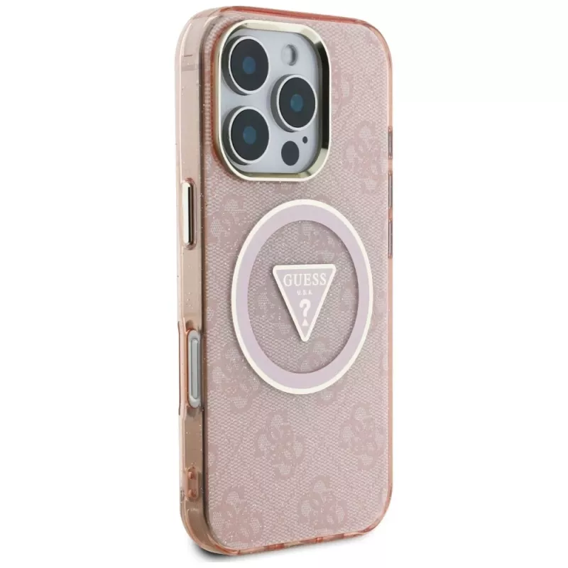 Guess IML Metal Glitter 4G Circle Triangle MagSafe dėklas, skirtas Apple iPhone 16 Pro Max (rožinis)