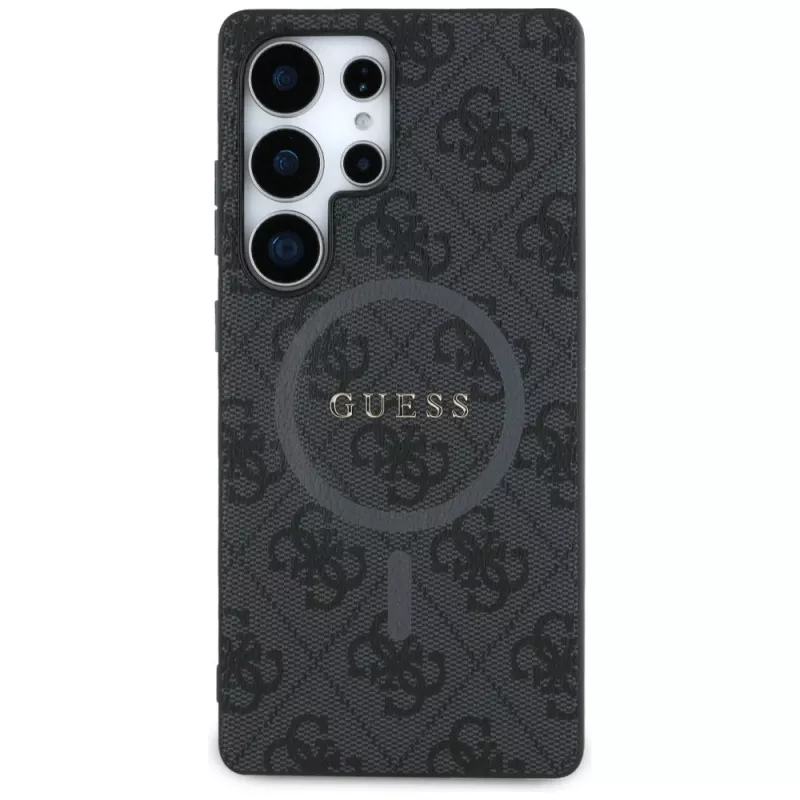 Guess Leather 4G Colored Ring Classic Logo MagSafe Back Cover, skirta Samsung Galaxy S25 Ultra, juoda