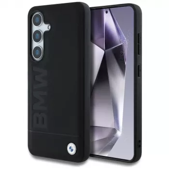 BMW Leather Big Wordmark Case, skirtas Samsung Galaxy S25+, juoda