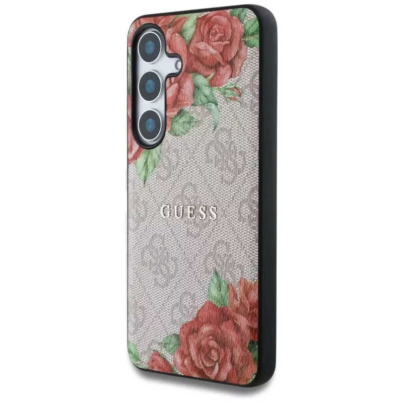 Guess Leather 4G Flowers Print Metal Classic Logo MagSafe Case, skirtas Samsung Galaxy S25, rožinė