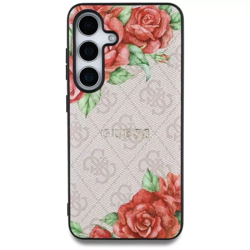 Guess Leather 4G Flowers Print Metal Classic Logo MagSafe Case, skirtas Samsung Galaxy S25, rožinė