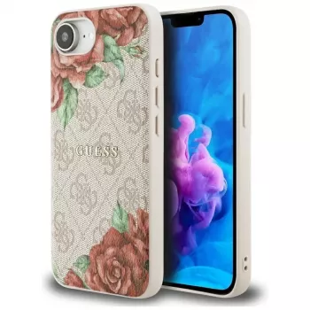 Guess 4G Flowers Print MagSafe dėklas, skirtas iPhone 16e / 17e, rožinis