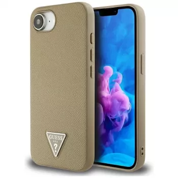 Guess Grained Triangle MagSafe dėklas, skirtas iPhone 16e (rudas)