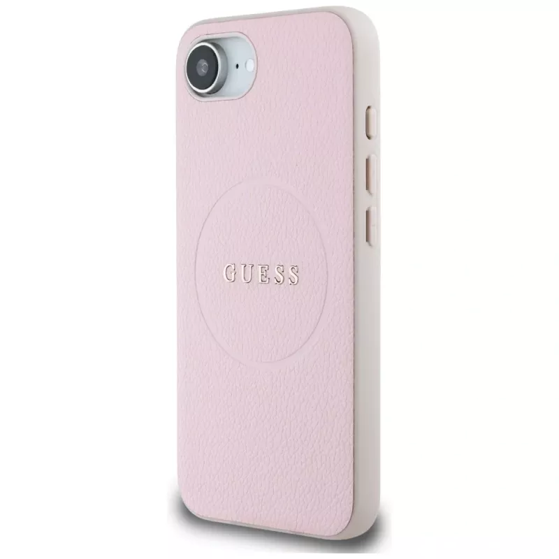 Guess Grained Ring MagSafe dėklas, skirtas Apple iPhone 16e (rožinis)